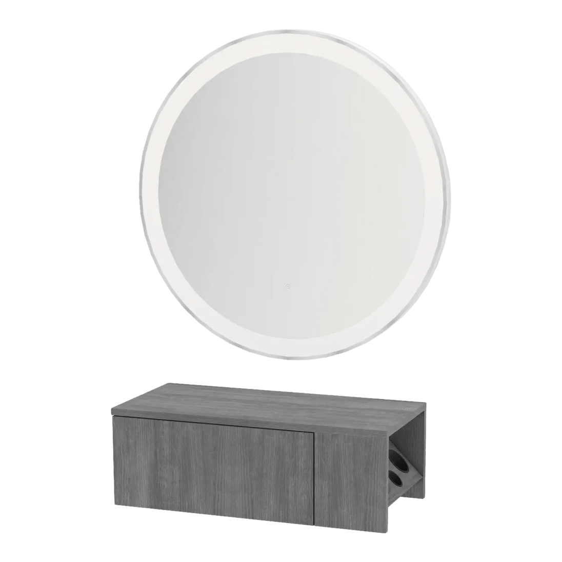 Glo Wall Mount Styling Station with Concealed Appliance Holder and Silver Round Glo Mirror - Kaemark