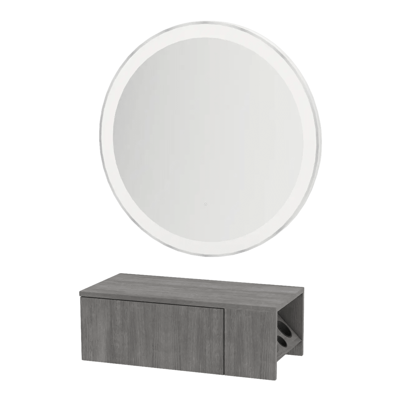 Glo Wall Mount Styling Station with Concealed Appliance Holder and Silver Round Glo Mirror - Kaemark