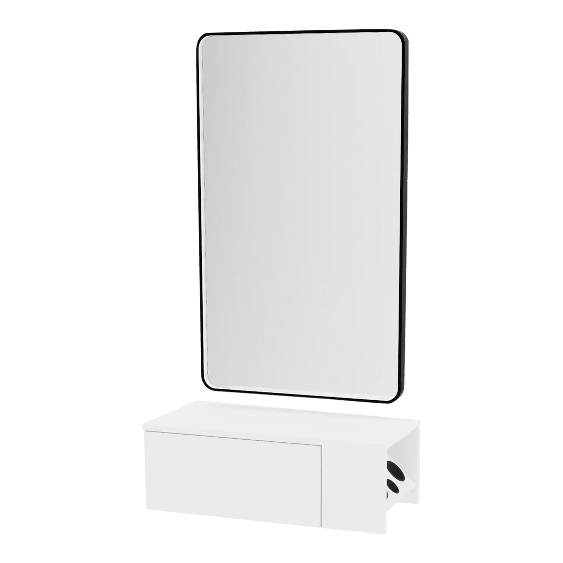 Glo Wall Mount Styling Station with Concealed Appliance Holder and Black Rectangle Westin Mirror - Kaemark
