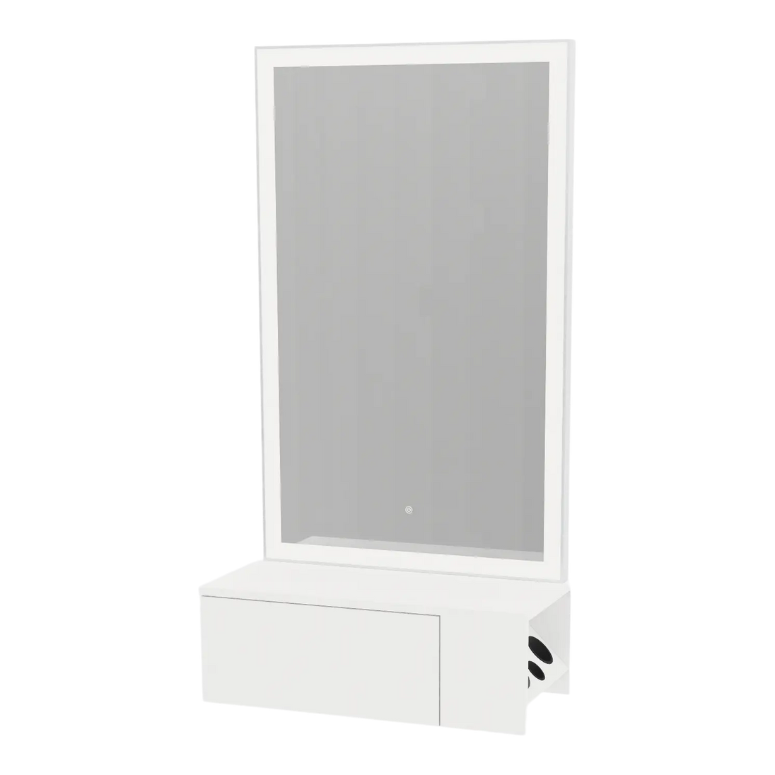 Glo Wall Mount Styling Station with Concealed Appliance Holder and Silver Rectangle Glo Mirror - Kaemark