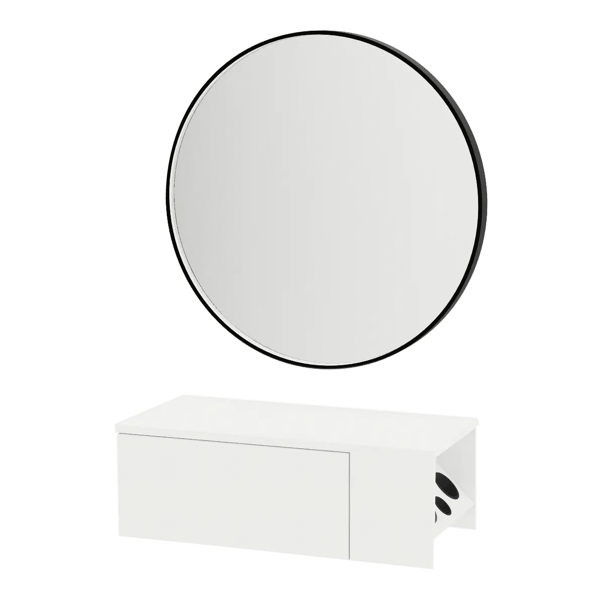 Glo Wall Mount Styling Station with Concealed Appliance Holder and Black Round Westin Mirror - Kaemark