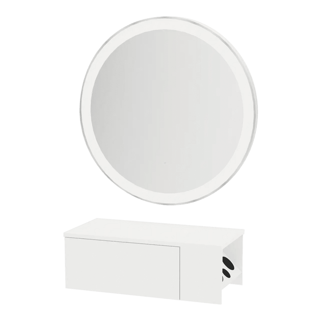 Glo Wall Mount Styling Station with Concealed Appliance Holder and Silver Round Glo Mirror - Kaemark