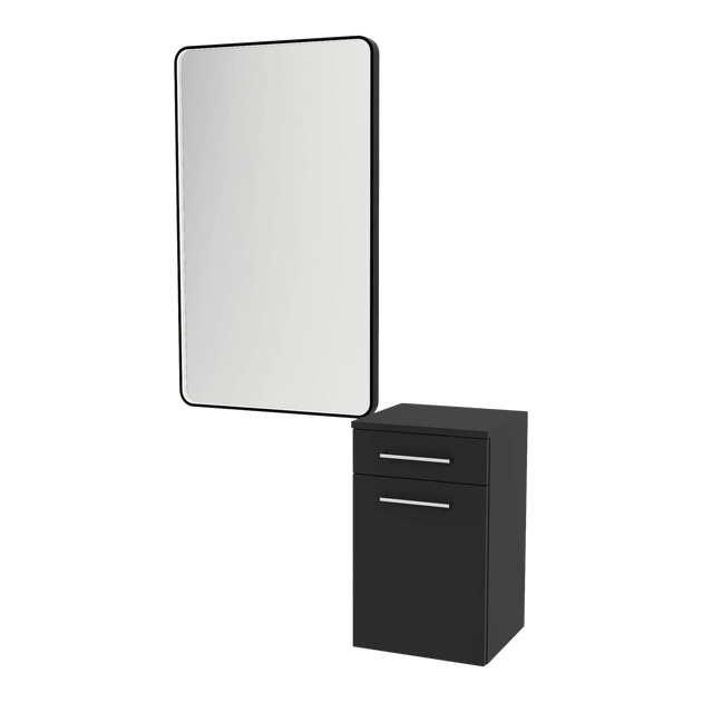Glo Wall Mount Styling Station with Tilt-out Appliance Holder and Black Rectangle Westin Mirror - Kaemark