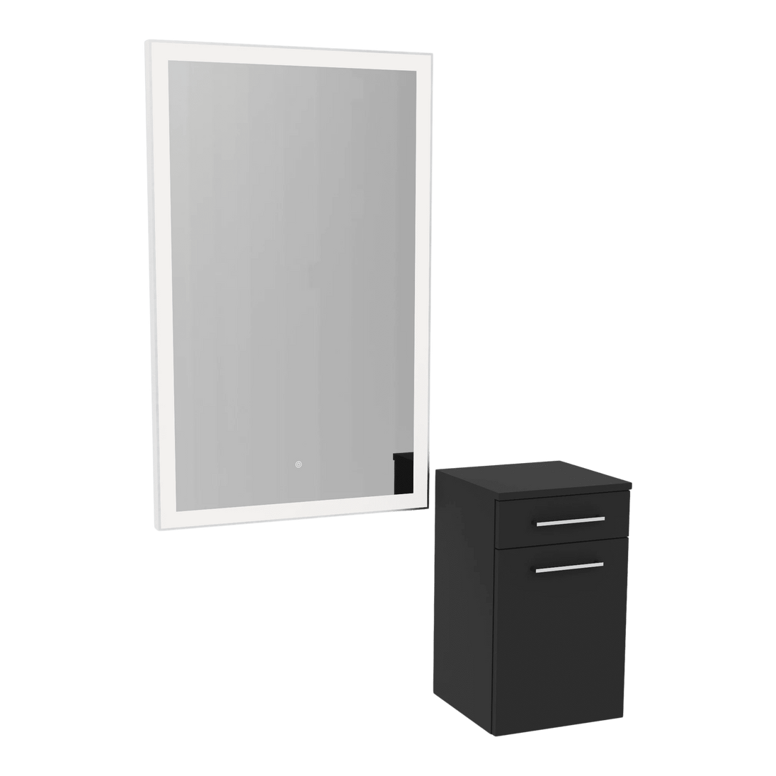 Glo Wall Mount Styling Station with Tilt-out Appliance Holder and Silver Rectangle Glo Mirror - Kaemark
