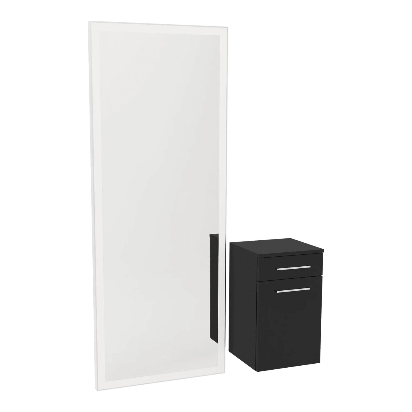Glo Wall Mount Styling Station with Tilt-out Appliance Holder and Silver Full-Length Rectangle Glo Mirror - Kaemark