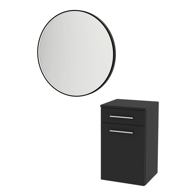 Glo Laminate Wall Mount Styling Station with Tilt-Out Appliance Holder and Westin Round Mirror - Kaemark