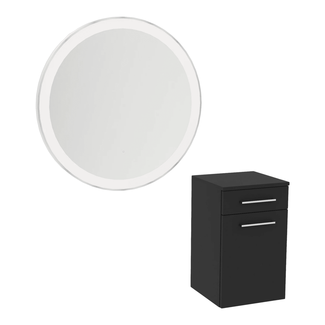 Glo Wall Mount Styling Station with Tilt-out Appliance Holder and Silver Round Glo Mirror - Kaemark