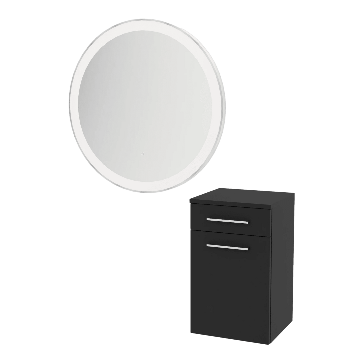 Glo Wall Mount Styling Station with Tilt-out Appliance Holder and Silver Round Glo Mirror - Kaemark