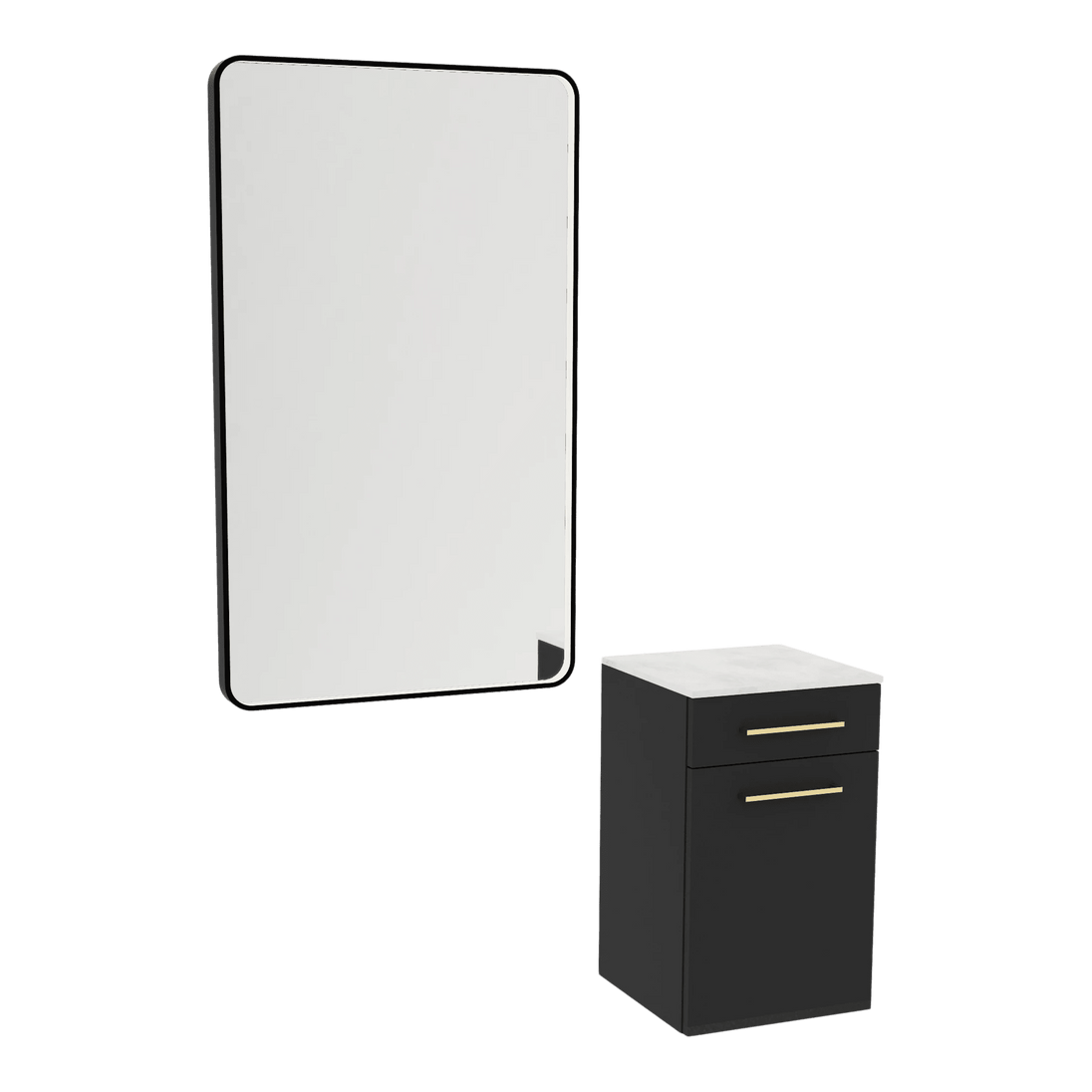 Glo Laminate Wall Mount Styling Station with Solid Surface Countertop, Tilt-Out Appliance Holder, and Westin Rectangle Mirror - Kaemark
