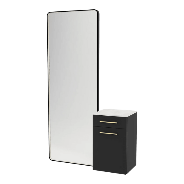 Glo Wall Mount Styling Station with Tilt-out Appliance Holder, Solid Surface Countertop, and Black Full-Length Rectangle Westin Mirror - Kaemark