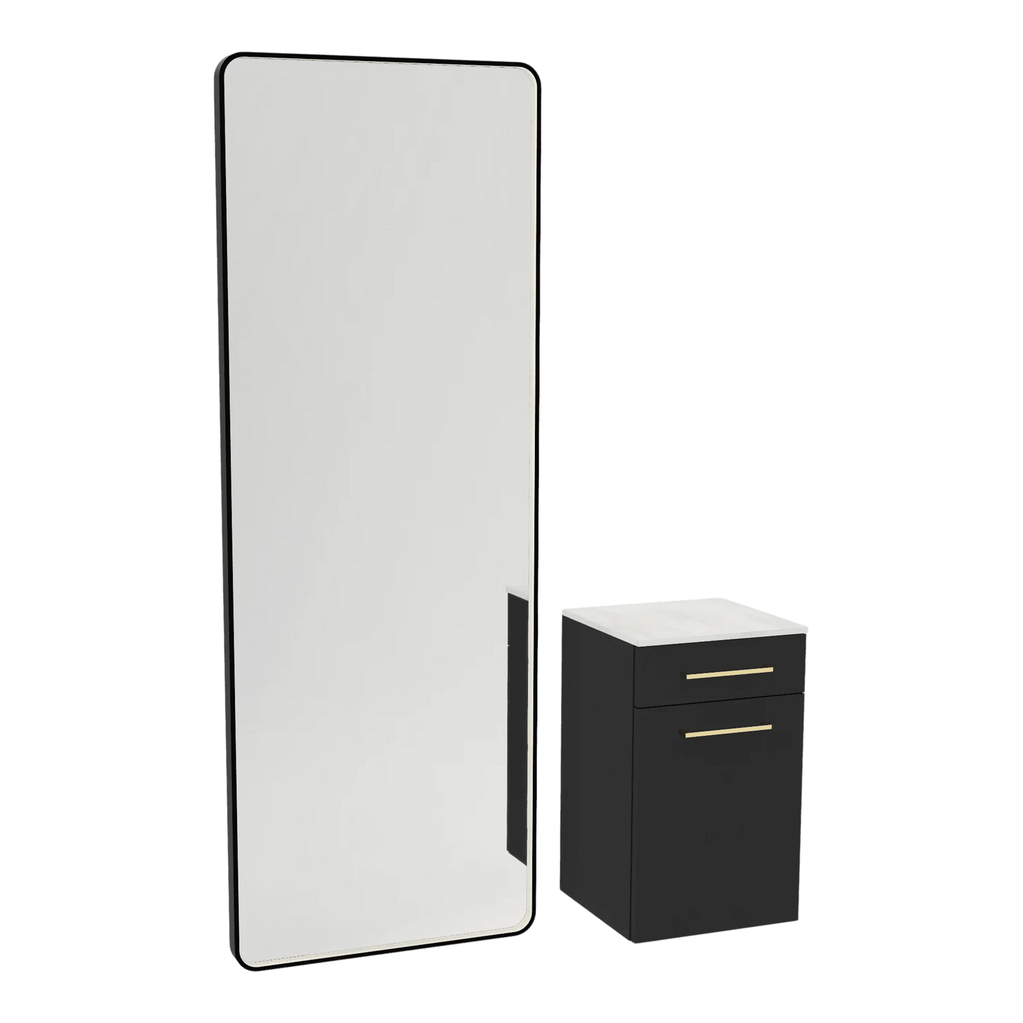 Glo Wall Mount Styling Station with Tilt-out Appliance Holder, Solid Surface Countertop, and Black Full-Length Rectangle Westin Mirror - Kaemark