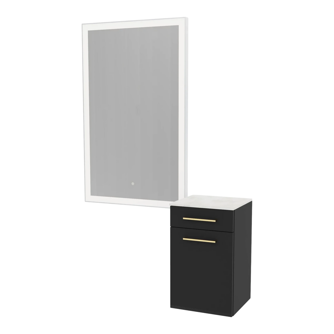 Glo Wall Mount Styling Station with Tilt-out Appliance Holder, Solid Surface Countertop, and Silver Rectangle Glo Mirror - Kaemark