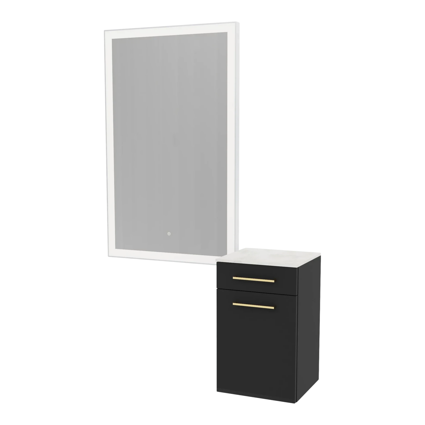Glo Wall Mount Styling Station with Tilt-out Appliance Holder, Solid Surface Countertop, and Silver Rectangle Glo Mirror - Kaemark