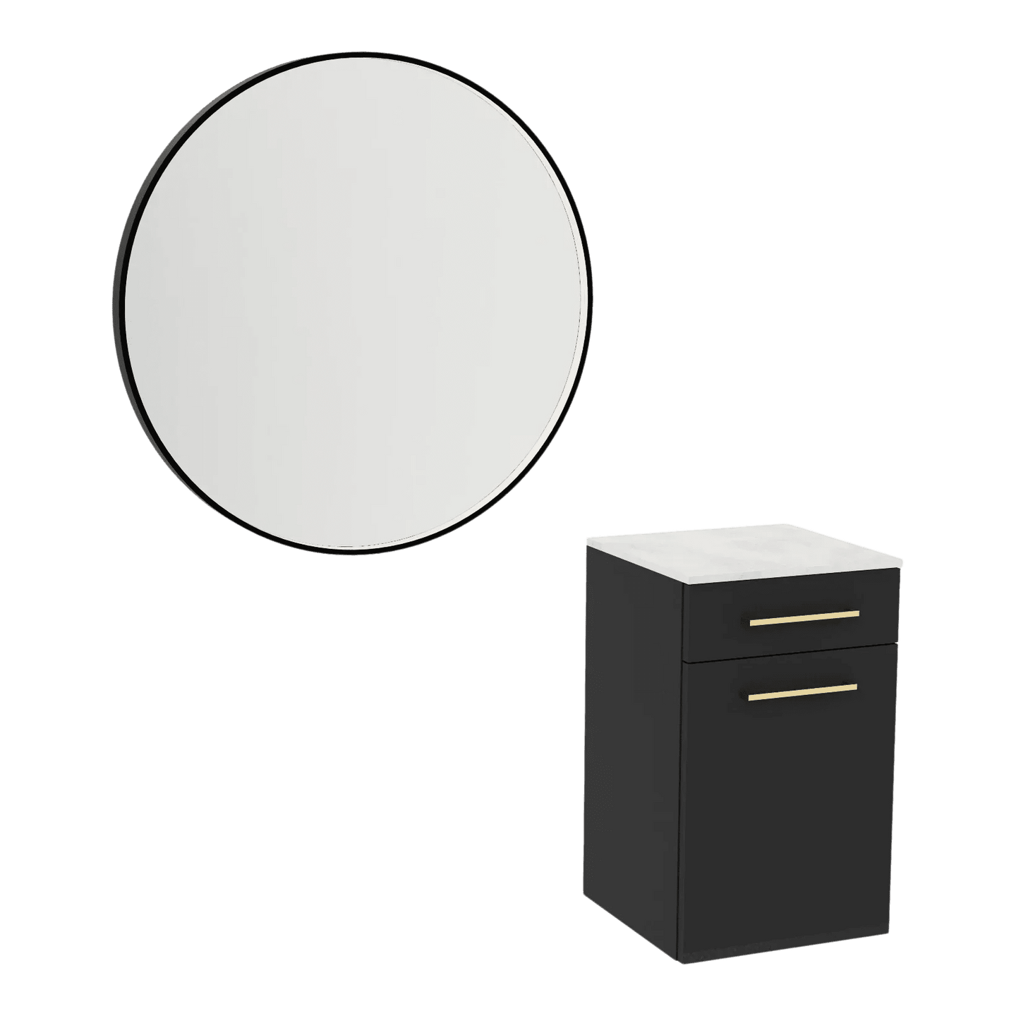 Glo Wall Mount Styling Station with Tilt-out Appliance Holder, Solid Surface Countertop, and Black Round Westin Mirror - Kaemark