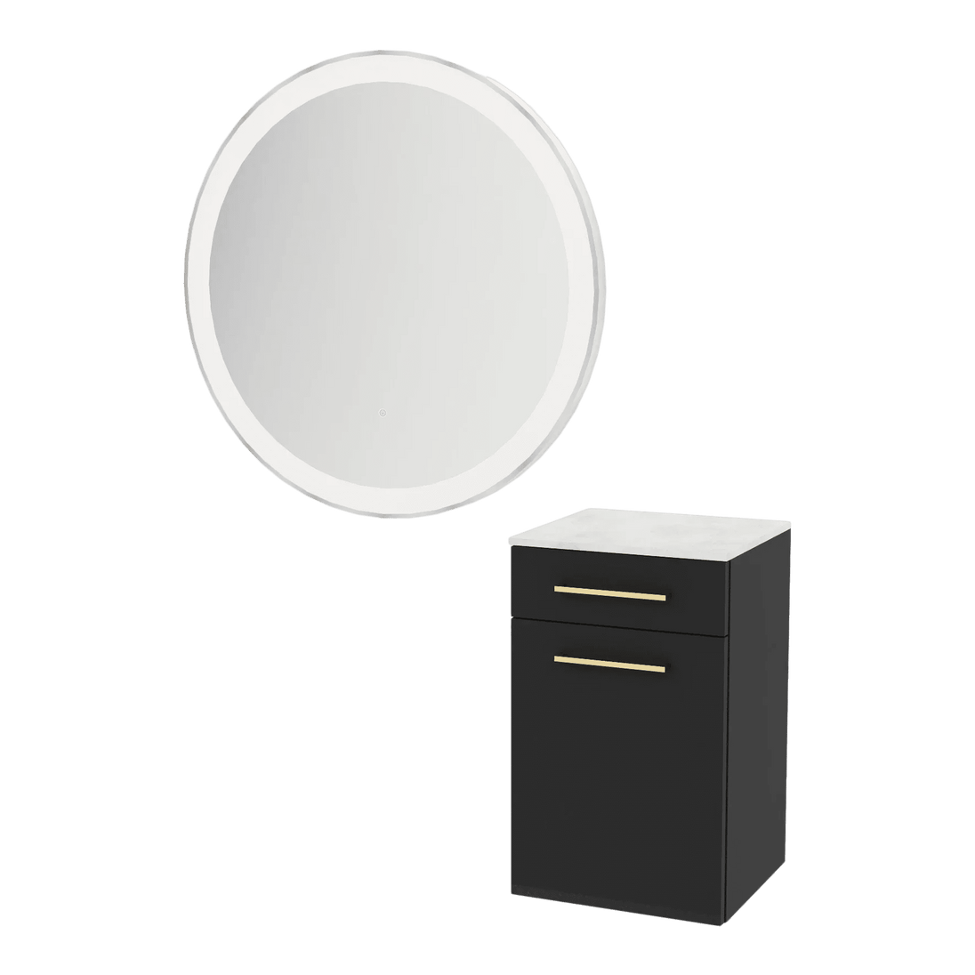 Glo Wall Mount Styling Station with Tilt-out Appliance Holder, Solid Surface Countertop, and Silver Round Glo Mirror - Kaemark