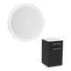 Glo Wall Mount Styling Station with Tilt-out Appliance Holder, Solid Surface Countertop, and Silver Round Glo Mirror - Kaemark
