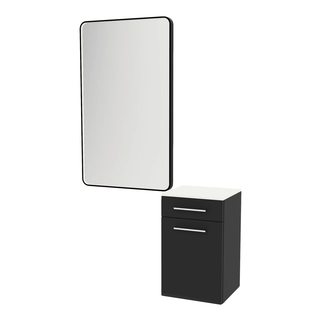 Glo Laminate Wall Mount Styling Station with Solid Surface Countertop, Tilt-Out Appliance Holder, and Westin Rectangle Mirror - Kaemark