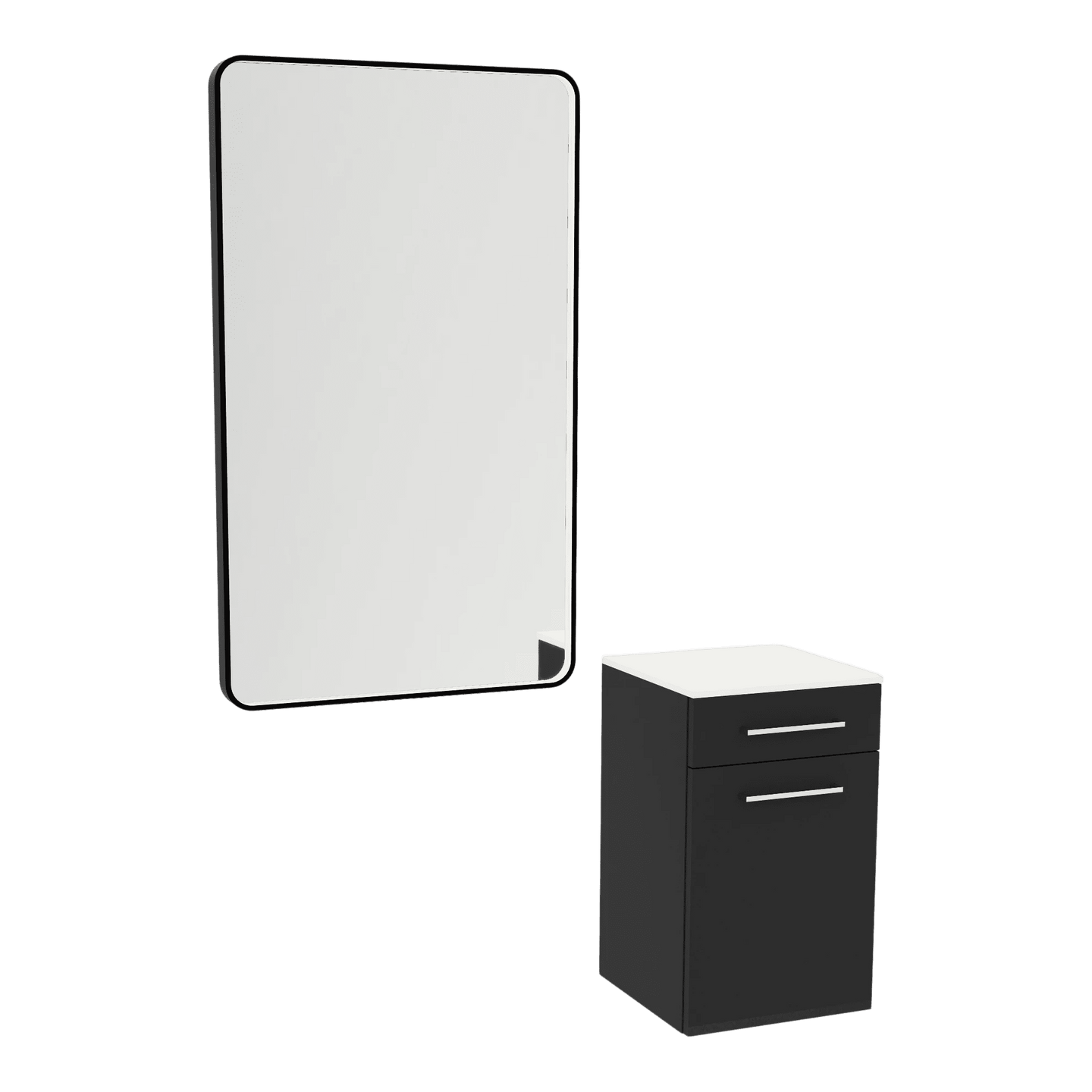 Glo Laminate Wall Mount Styling Station with Solid Surface Countertop, Tilt-Out Appliance Holder, and Westin Rectangle Mirror - Kaemark