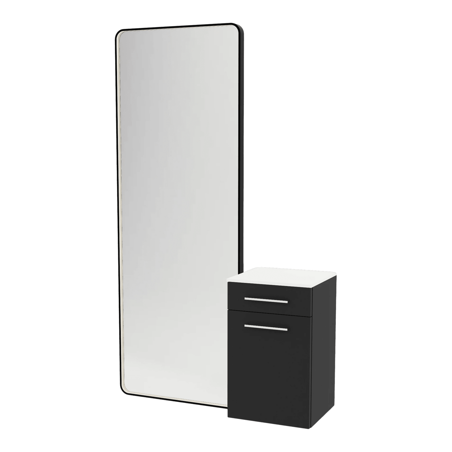 Glo Wall Mount Styling Station with Tilt-out Appliance Holder, Solid Surface Countertop, and Black Full-Length Rectangle Westin Mirror - Kaemark