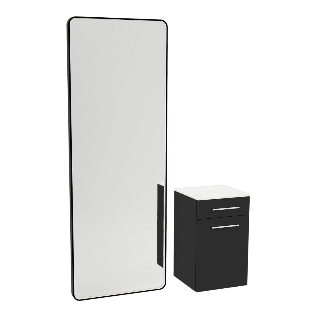 Glo Wall Mount Styling Station with Tilt-out Appliance Holder, Solid Surface Countertop, and Black Full-Length Rectangle Westin Mirror - Kaemark