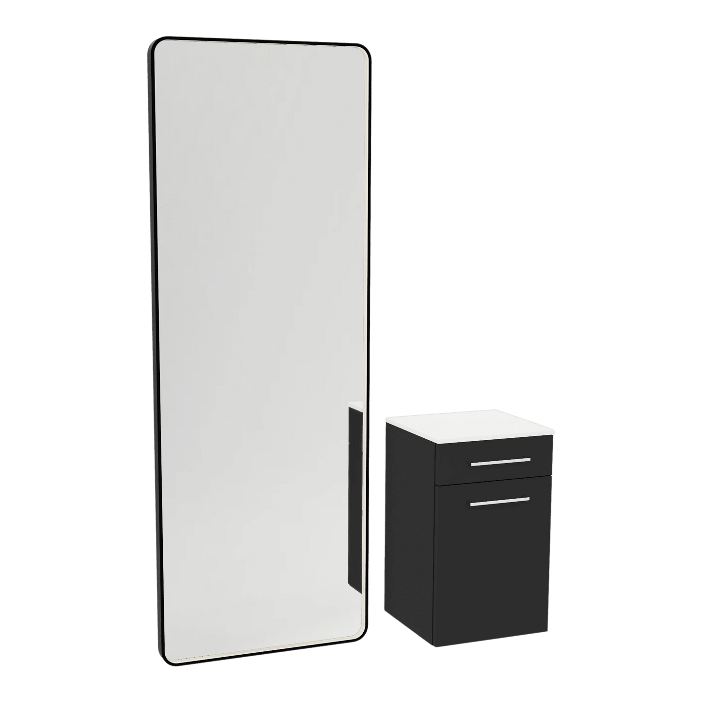 Glo Wall Mount Styling Station with Tilt-out Appliance Holder, Solid Surface Countertop, and Black Full-Length Rectangle Westin Mirror - Kaemark