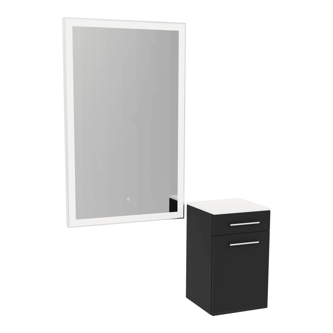 Glo Wall Mount Styling Station with Tilt-out Appliance Holder, Solid Surface Countertop, and Silver Rectangle Glo Mirror - Kaemark