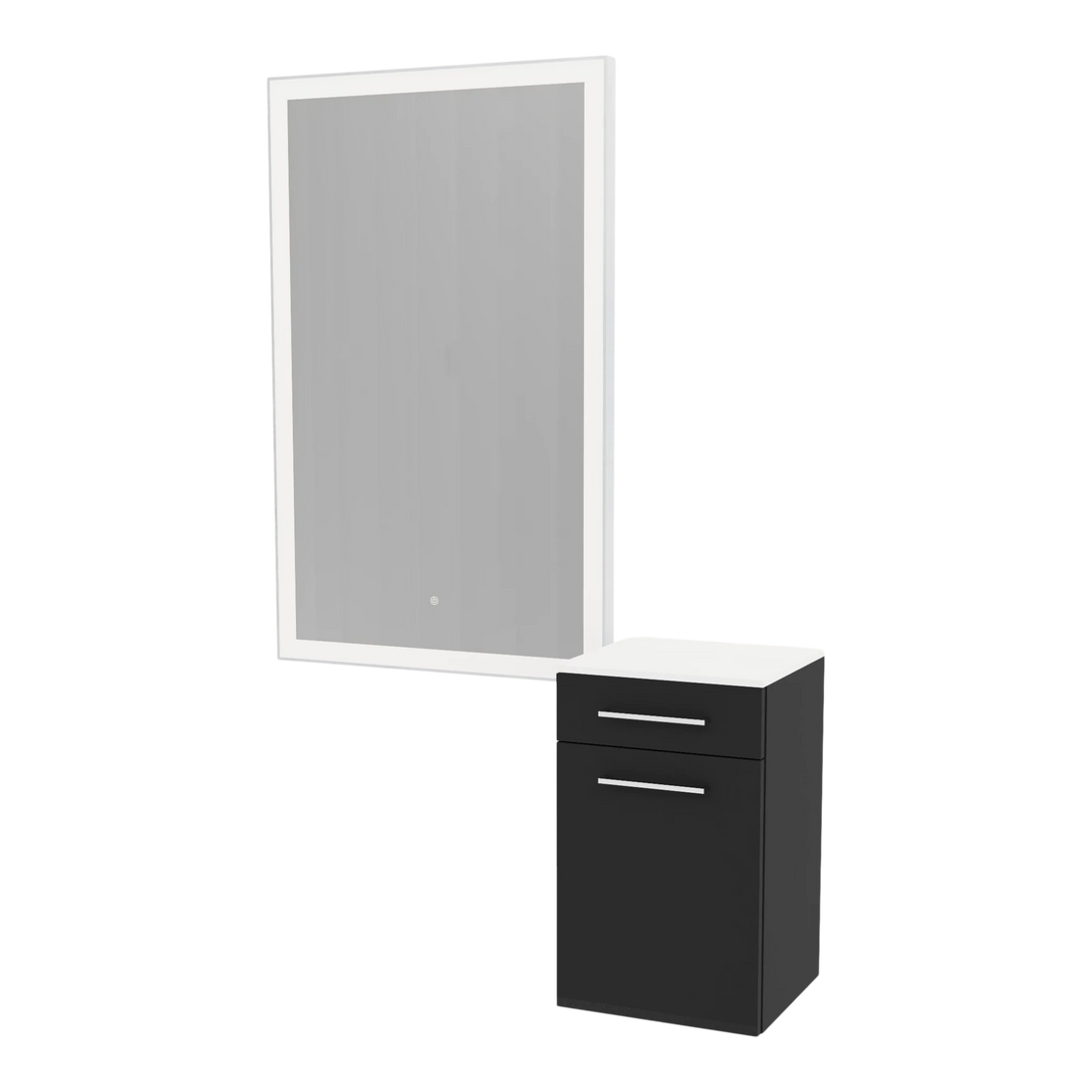 Glo Wall Mount Styling Station with Tilt-out Appliance Holder, Solid Surface Countertop, and Silver Rectangle Glo Mirror - Kaemark