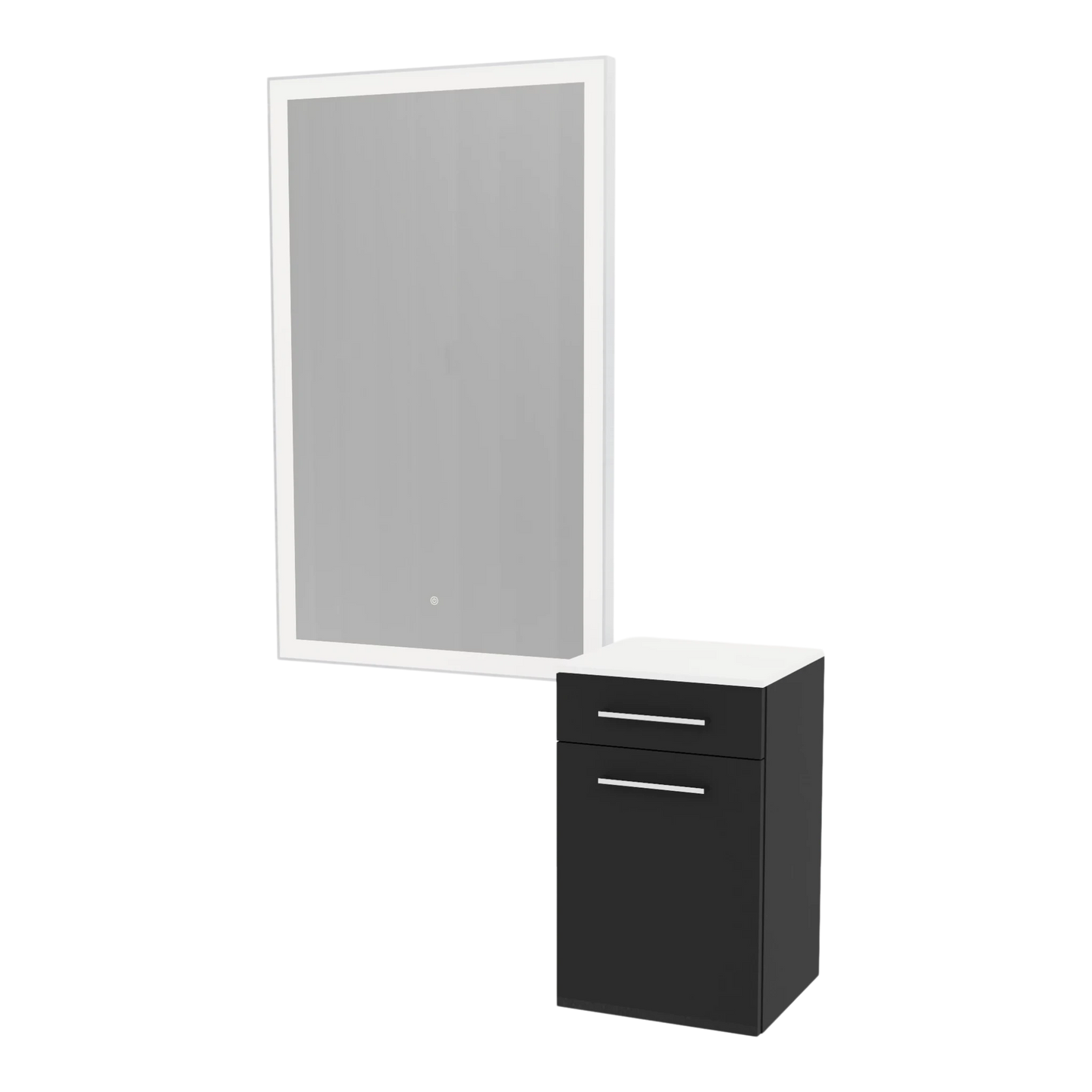 Glo Wall Mount Styling Station with Tilt-out Appliance Holder, Solid Surface Countertop, and Silver Rectangle Glo Mirror - Kaemark