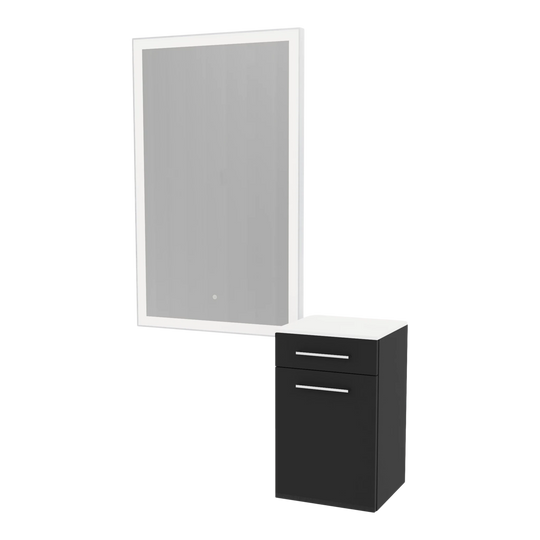 Glo Wall Mount Styling Station with Tilt-out Appliance Holder, Solid Surface Countertop, and Silver Rectangle Glo Mirror - Kaemark