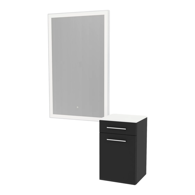 Glo Wall Mount Styling Station with Tilt-out Appliance Holder, Solid Surface Countertop, and Silver Rectangle Glo Mirror - Kaemark