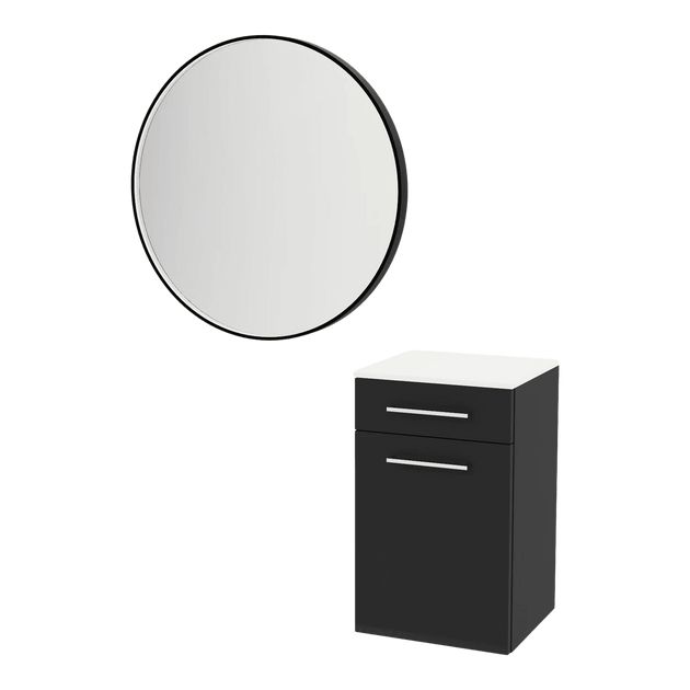 Glo Wall Mount Styling Station with Tilt-out Appliance Holder, Solid Surface Countertop, and Black Round Westin Mirror - Kaemark
