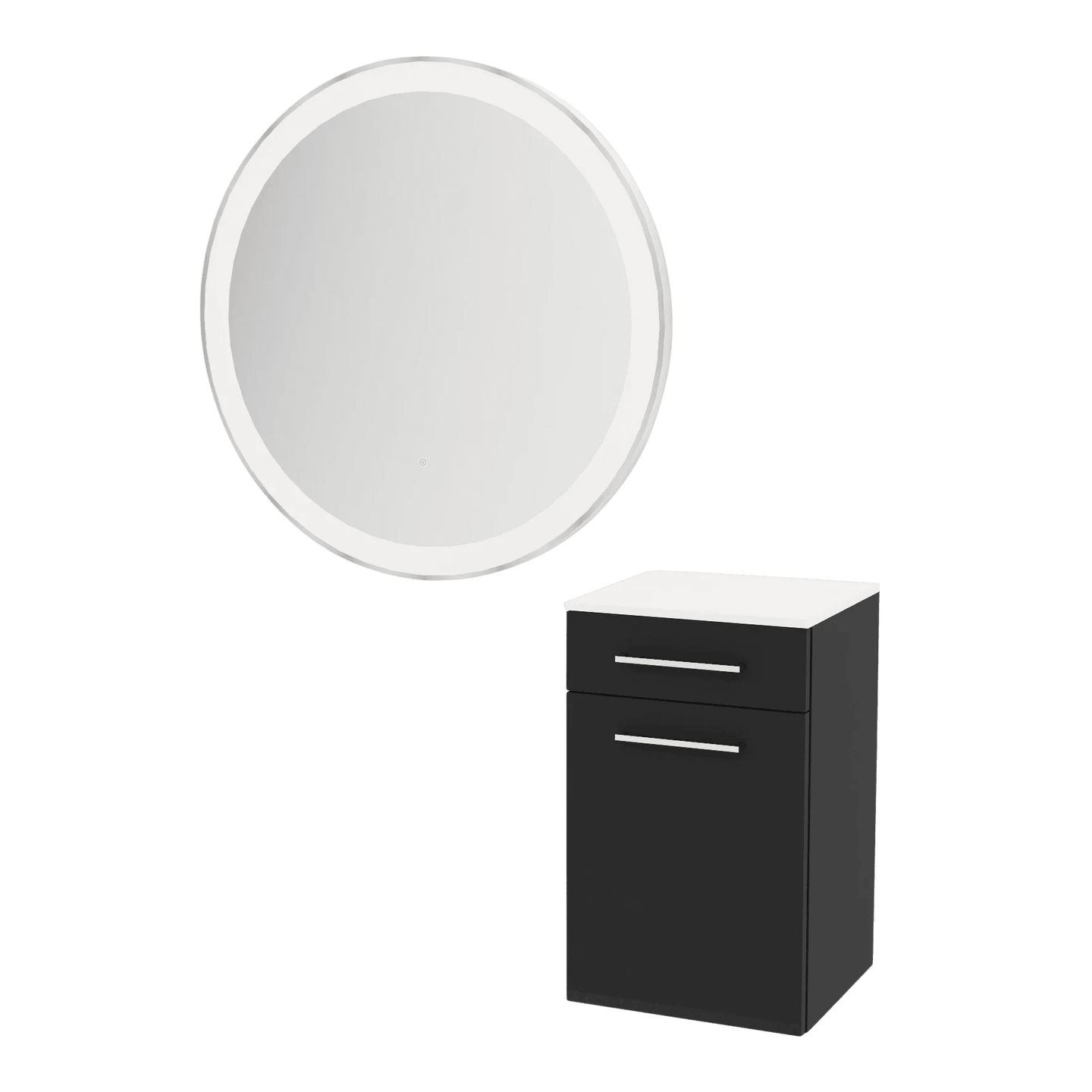 Glo Wall Mount Styling Station with Tilt-out Appliance Holder, Solid Surface Countertop, and Silver Round Glo Mirror - Kaemark