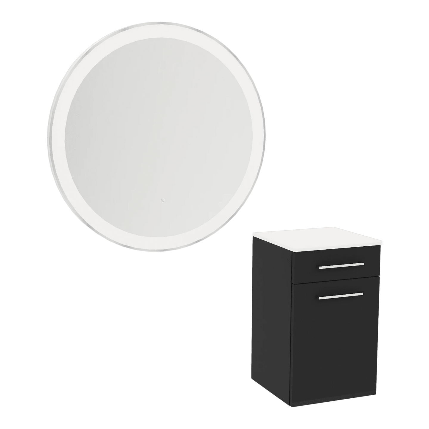 Glo Wall Mount Styling Station with Tilt-out Appliance Holder, Solid Surface Countertop, and Silver Round Glo Mirror - Kaemark