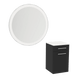 Glo Wall Mount Styling Station with Tilt-out Appliance Holder, Solid Surface Countertop, and Silver Round Glo Mirror - Kaemark