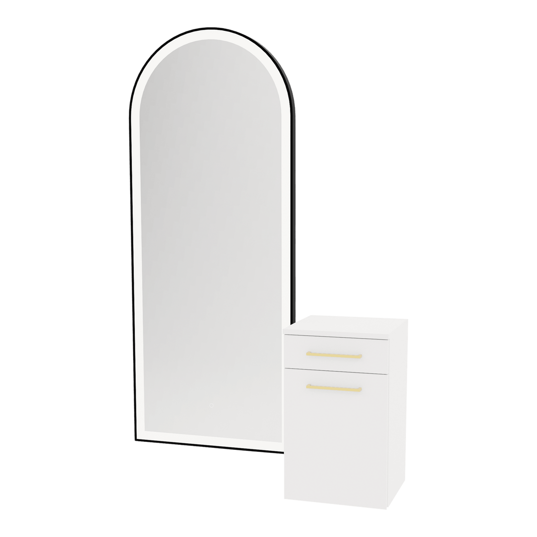 Glo Wall Mount Styling Station with Tilt-out Appliance Holder and Black Full-Length Arch Paloma Mirror - Kaemark