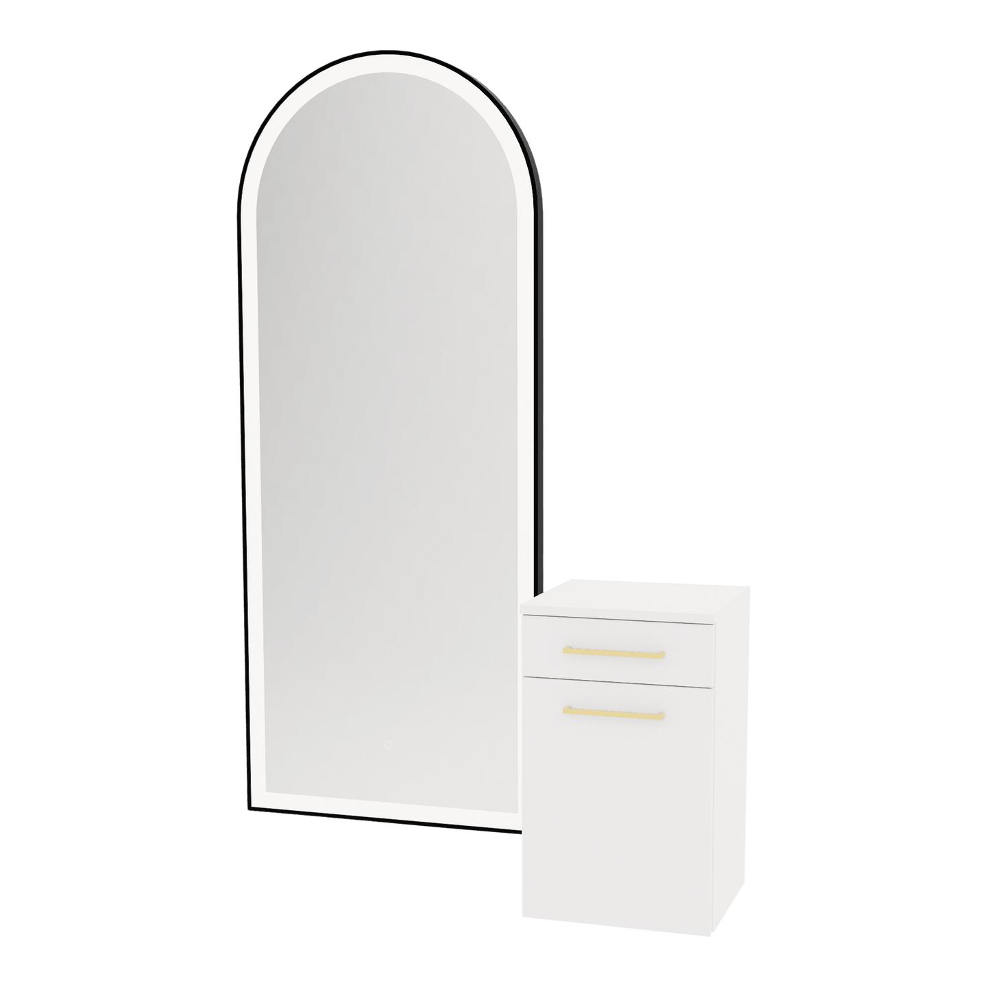 Glo Wall Mount Styling Station with Tilt-out Appliance Holder and Black Full-Length Arch Paloma Mirror - Kaemark