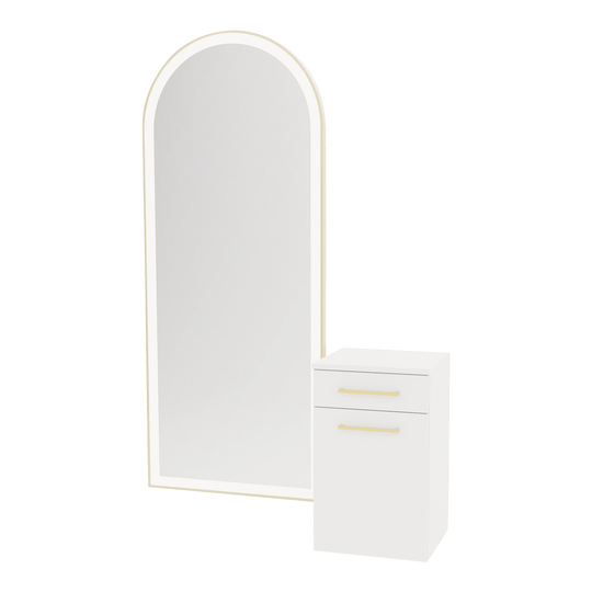 Glo Wall Mount Styling Station with Tilt-out Appliance Holder and Gold Full-Length Arch Paloma Mirror - Kaemark