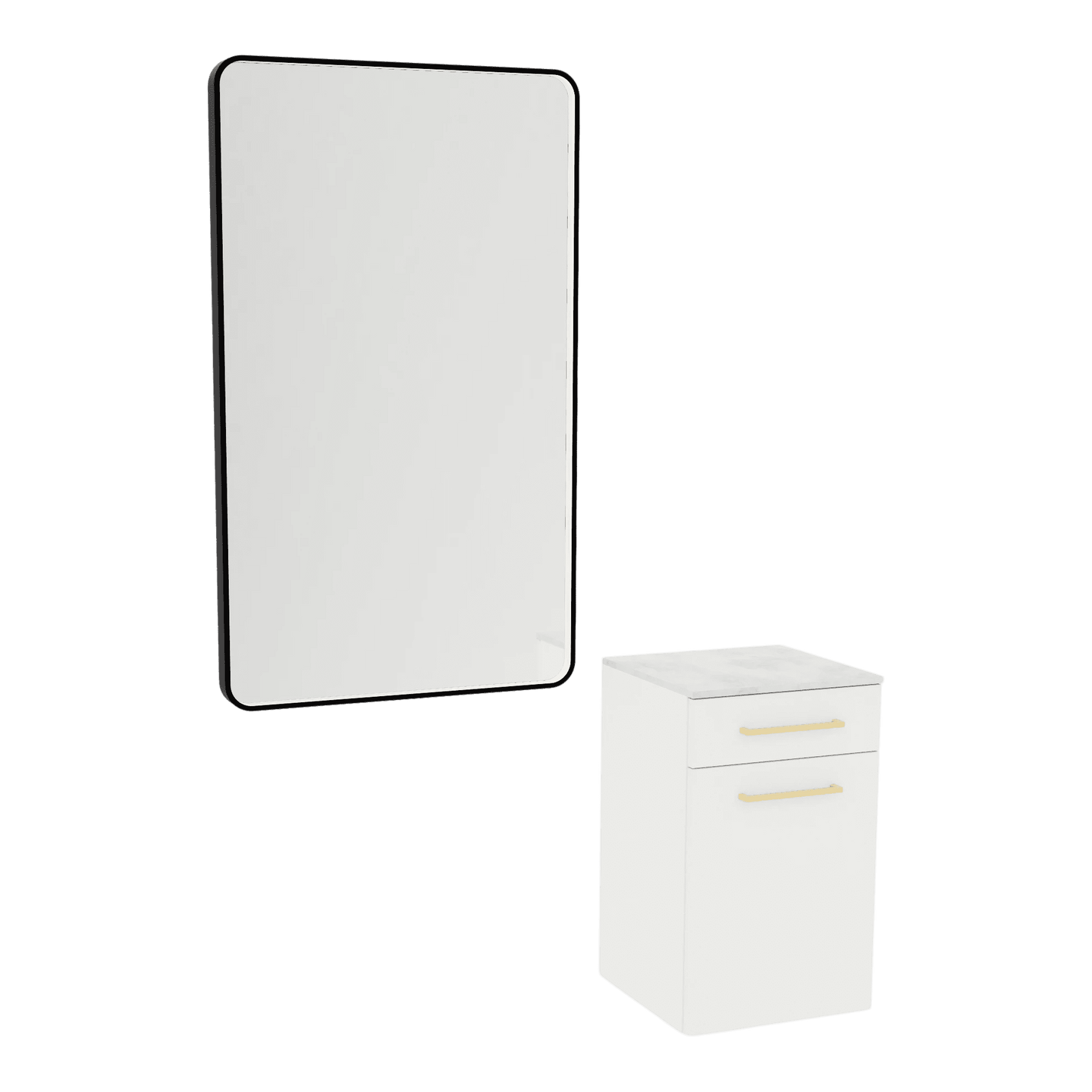 Glo Laminate Wall Mount Styling Station with Solid Surface Countertop, Tilt-Out Appliance Holder, and Westin Rectangle Mirror - Kaemark