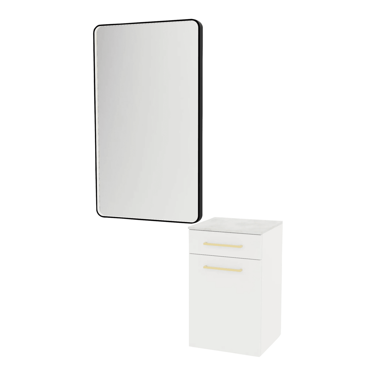 Glo Laminate Wall Mount Styling Station with Solid Surface Countertop, Tilt-Out Appliance Holder, and Westin Rectangle Mirror - Kaemark