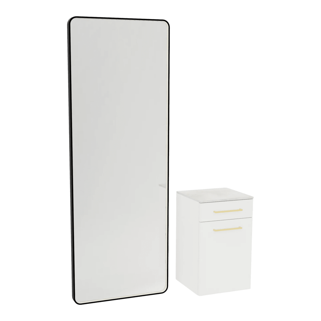 Glo Wall Mount Styling Station with Tilt-out Appliance Holder, Solid Surface Countertop, and Black Full-Length Rectangle Westin Mirror - Kaemark