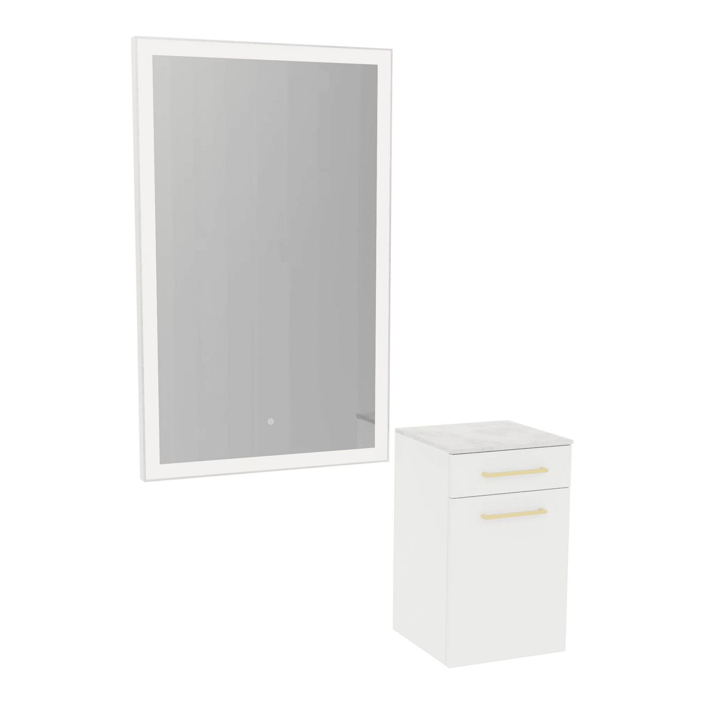 Glo Wall Mount Styling Station with Tilt-out Appliance Holder, Solid Surface Countertop, and Silver Rectangle Glo Mirror - Kaemark