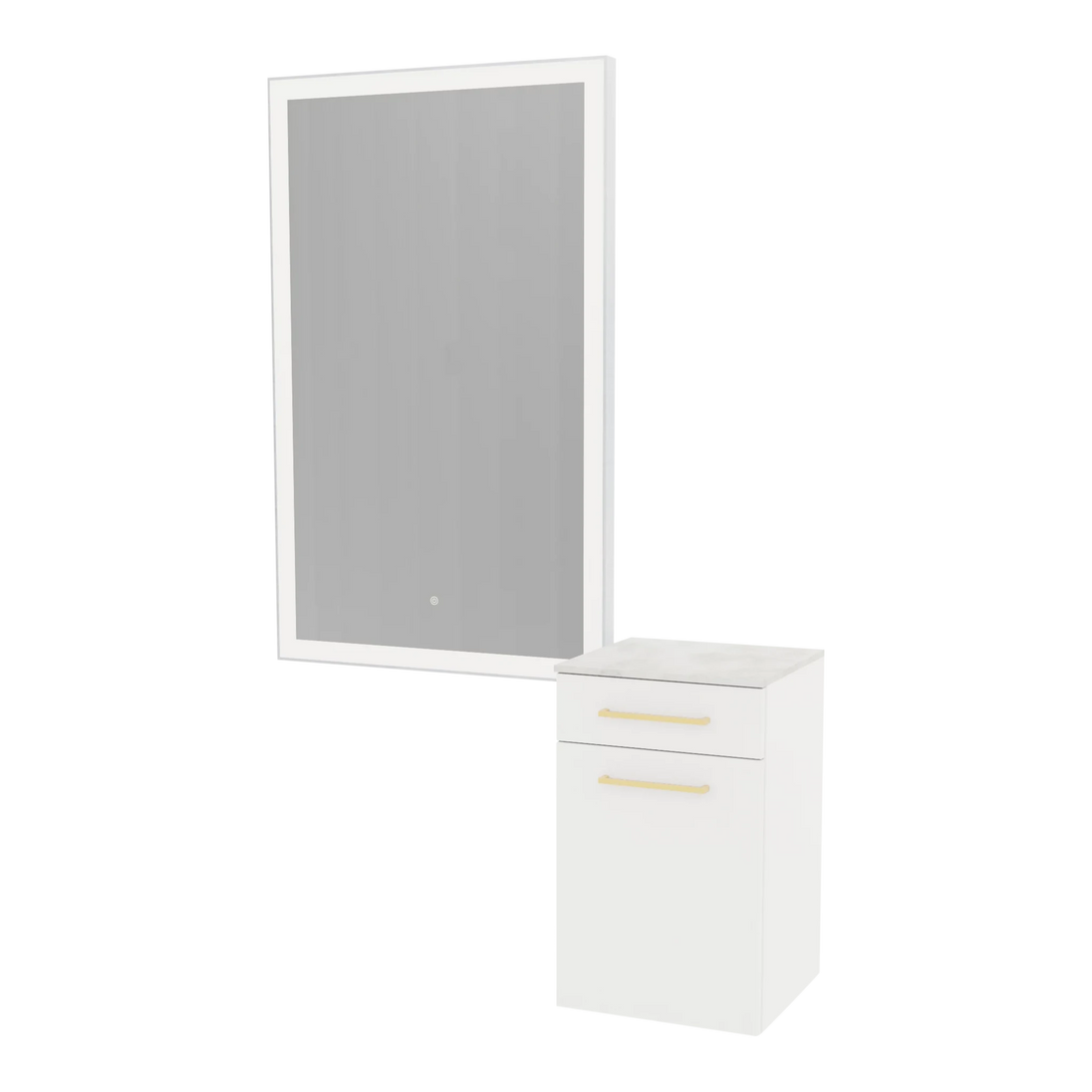 Glo Wall Mount Styling Station with Tilt-out Appliance Holder, Solid Surface Countertop, and Silver Rectangle Glo Mirror - Kaemark