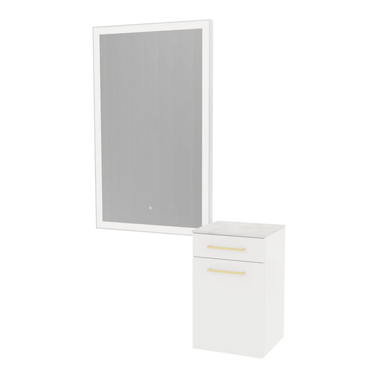 Glo Wall Mount Styling Station with Tilt-out Appliance Holder, Solid Surface Countertop, and Silver Rectangle Glo Mirror - Kaemark