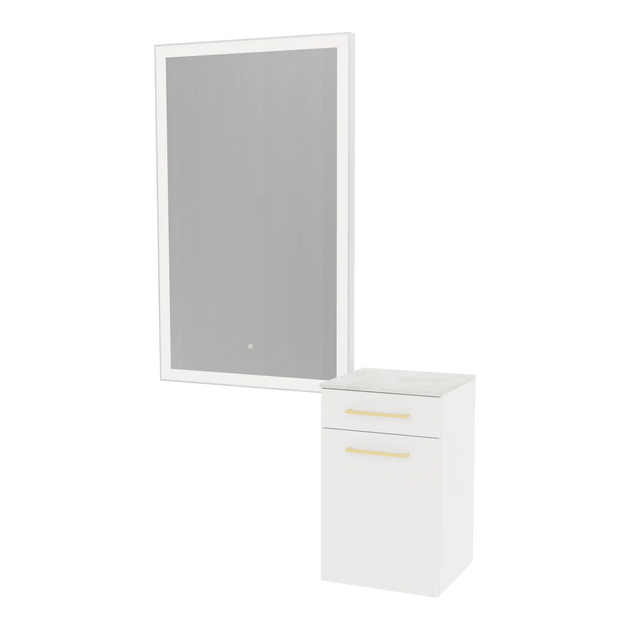 Glo Wall Mount Styling Station with Tilt-out Appliance Holder, Solid Surface Countertop, and Silver Rectangle Glo Mirror - Kaemark