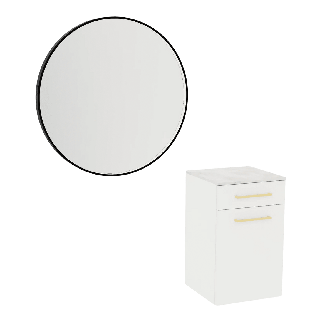 Glo Wall Mount Styling Station with Tilt-out Appliance Holder, Solid Surface Countertop, and Black Round Westin Mirror - Kaemark