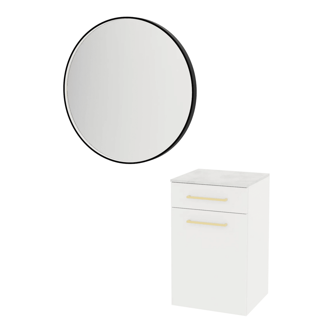 Glo Wall Mount Styling Station with Tilt-out Appliance Holder, Solid Surface Countertop, and Black Round Westin Mirror - Kaemark