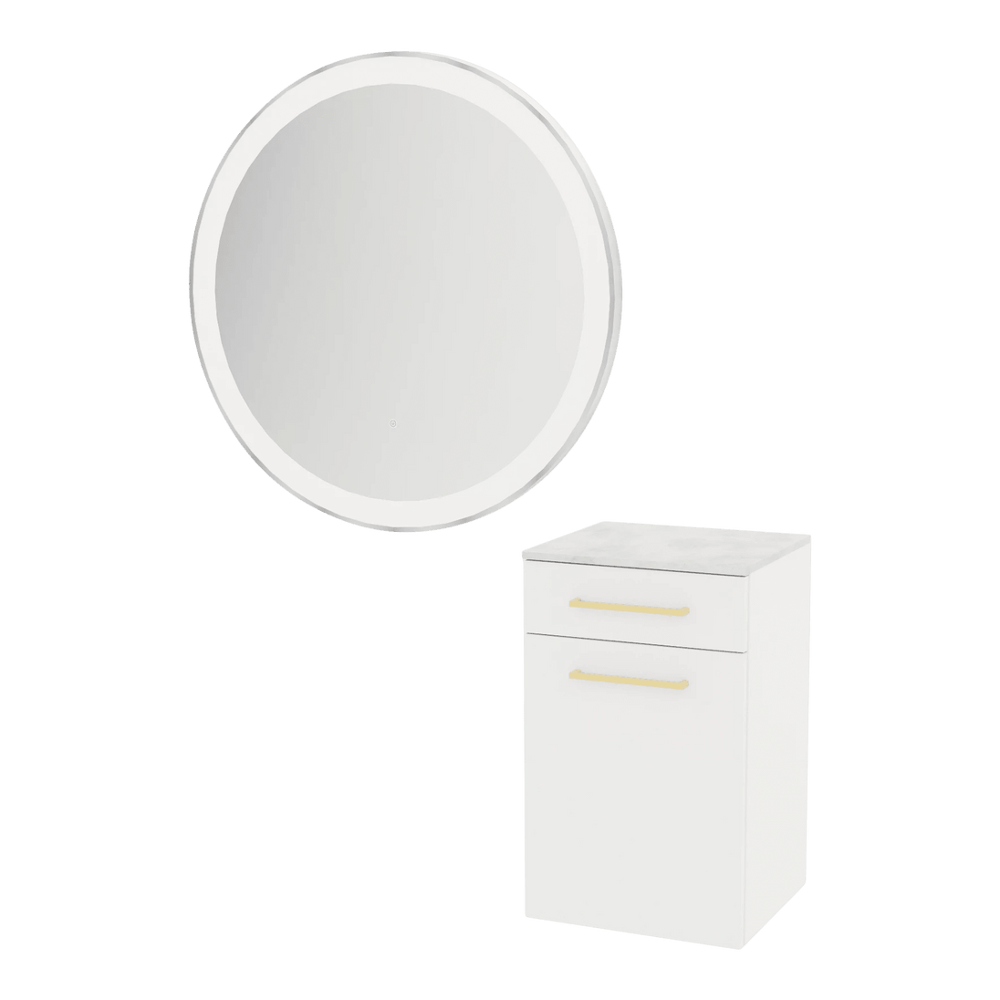 Glo Wall Mount Styling Station with Tilt-out Appliance Holder, Solid Surface Countertop, and Silver Round Glo Mirror - Kaemark
