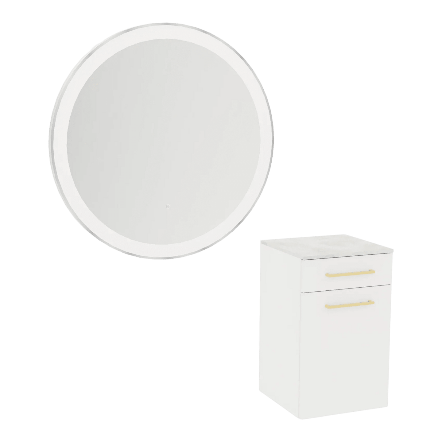 Glo Wall Mount Styling Station with Tilt-out Appliance Holder, Solid Surface Countertop, and Silver Round Glo Mirror - Kaemark