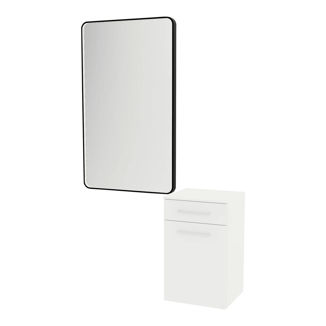 Glo Laminate Wall Mount Styling Station with Solid Surface Countertop, Tilt-Out Appliance Holder, and Westin Rectangle Mirror - Kaemark