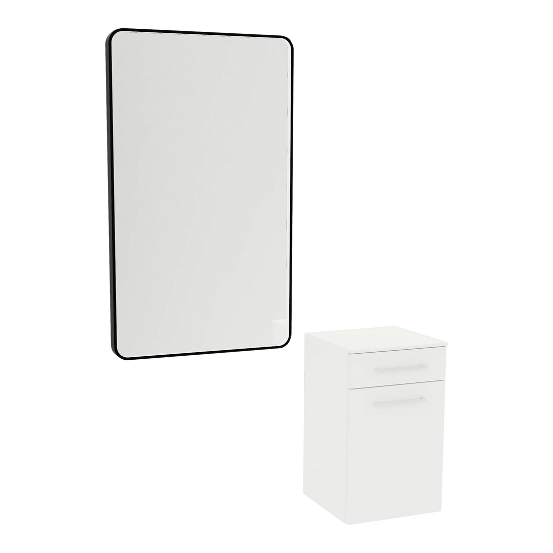 Glo Laminate Wall Mount Styling Station with Solid Surface Countertop, Tilt-Out Appliance Holder, and Westin Rectangle Mirror - Kaemark